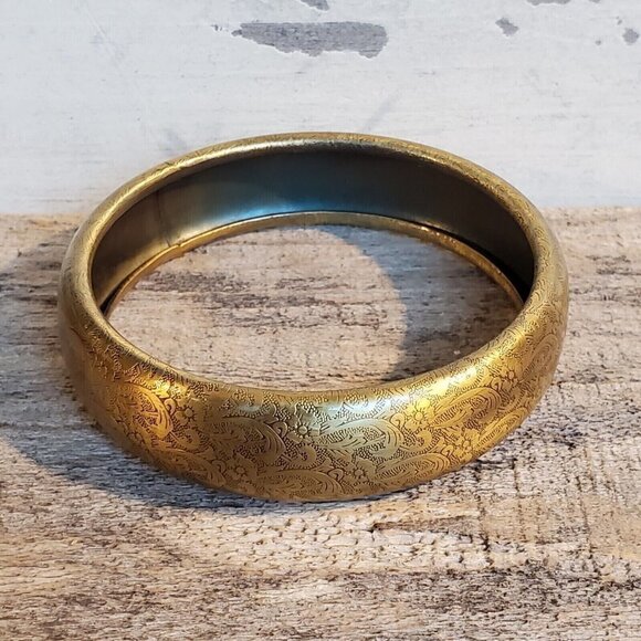 Vintage Y2K 90s Grunge Steampunk Bronze Carved Flowers Metal Bangle Bracelet - Picture 3 of 9